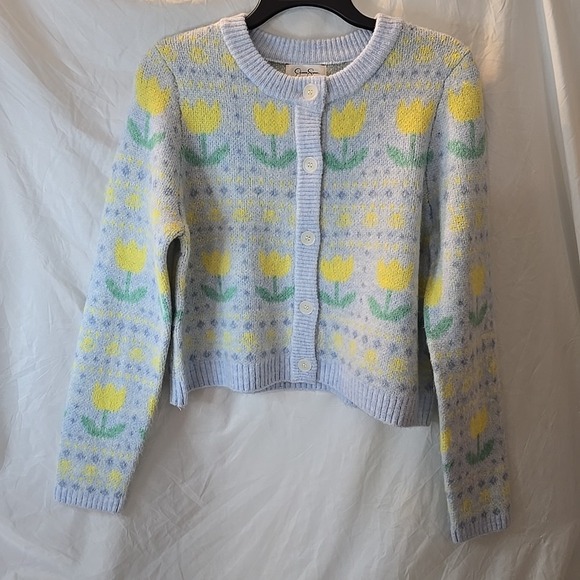 Jessica Simpson Sweaters - Jessica Simpson Knit Floral Cardigan Sweater Blue Yellow Tulips Size M NWT